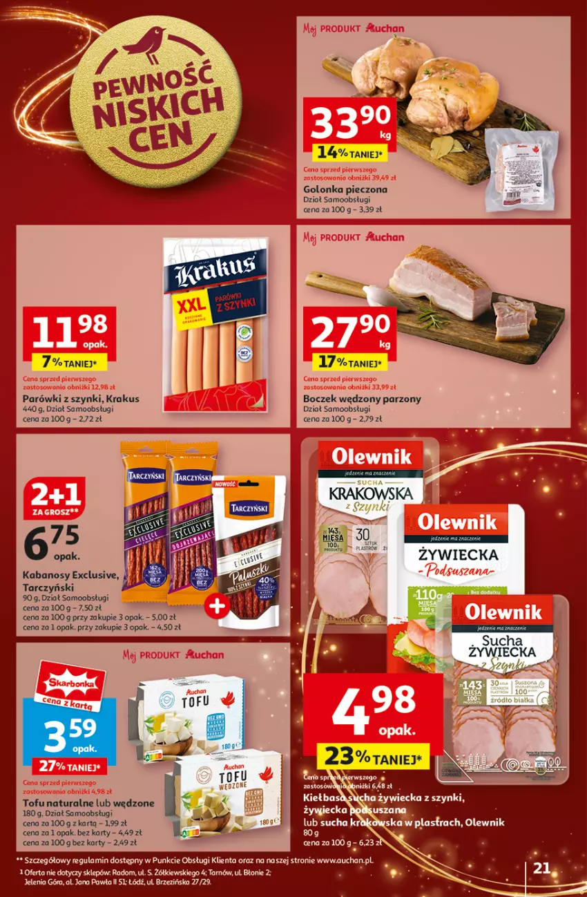 Gazetka promocyjna Auchan - Pewność Niskich Cen Hipermarket - ważna 28.11 do 04.12.2024 - strona 23 - produkty: Boczek, Golonka pieczona, Krakus, Olewnik, Parówki, Parówki z szynki, Piec, Tofu