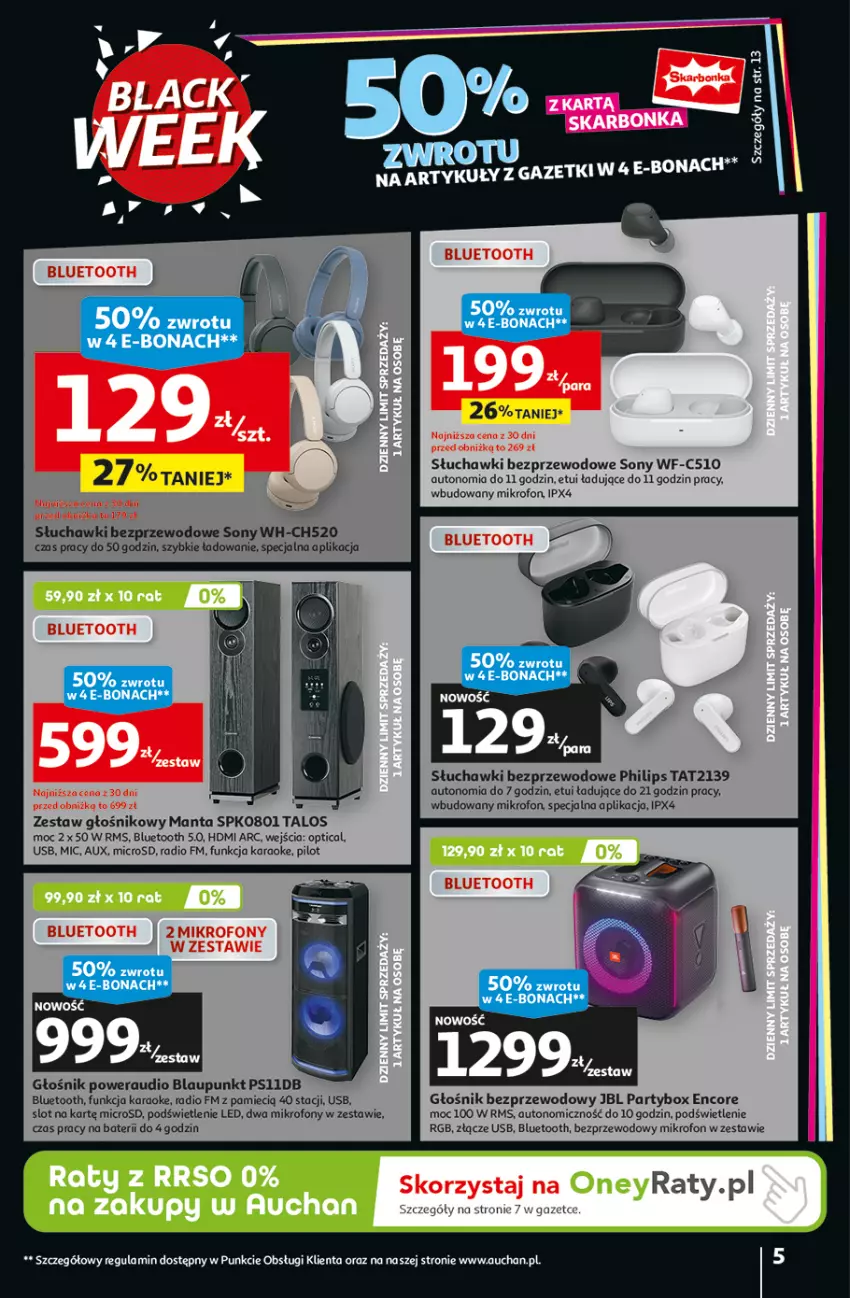 Gazetka promocyjna Auchan - Pewność Niskich Cen Hipermarket - ważna 28.11 do 04.12.2024 - strona 5 - produkty: Głośnik, JBL, Manta, Mikrofon, Philips, Słuchawki, Słuchawki bezprzewodowe, Sony