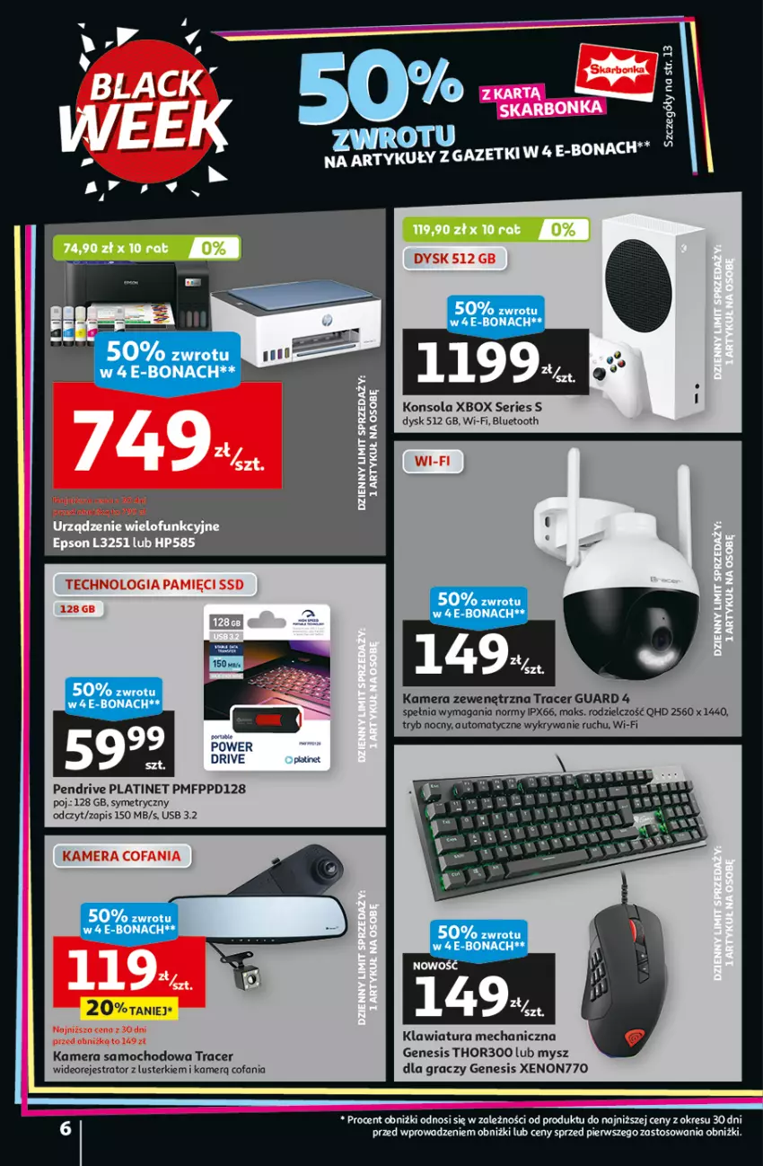 Gazetka promocyjna Auchan - Pewność Niskich Cen Hipermarket - ważna 28.11 do 04.12.2024 - strona 6 - produkty: Acer, Fa, Gra, HP, Kamera, Klawiatura, Konsola, Mysz, Pendrive, PLATINET, Ser, Wideorejestrator, Xbox