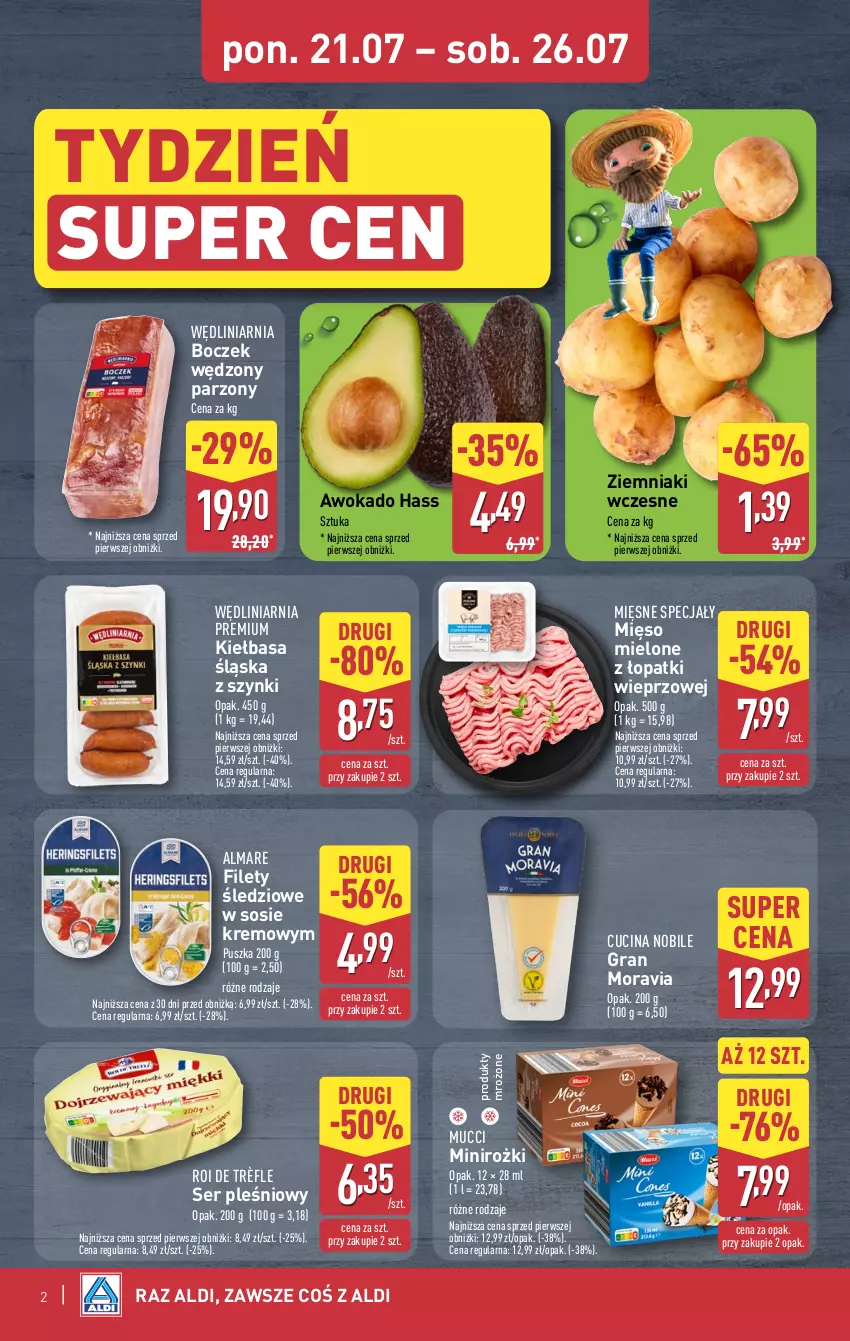 Gazetka promocyjna Aldi - Oferta weekendowa - ważna 24.07 do 26.07.2025 - strona 2 - produkty: Boczek, Gra, Kiełbasa, Kiełbasa śląska, Mięsne specjały, Mięso, Mięso mielone, Mięso mielone z łopatki wieprzowej, Produkty mrożone, Ser, Ser pleśniowy, Sos, Ziemniaki