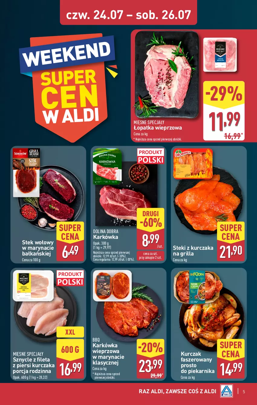 Gazetka promocyjna Aldi - Oferta weekendowa - ważna 24.07 do 26.07.2025 - strona 5 - produkty: Fa, Grill, Karkówka wieprzowa, Kurczak, Mięsne specjały, Piekarnik, Por, Stek, Stek wołowy