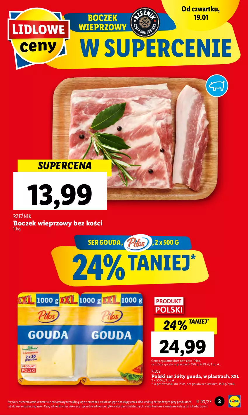 Gazetka promocyjna Lidl - GAZETKA - ważna 19.01 do 21.01.2023 - strona 3 - produkty: Boczek, Boczek wieprzowy, Gouda, Pilos, Por, Ser