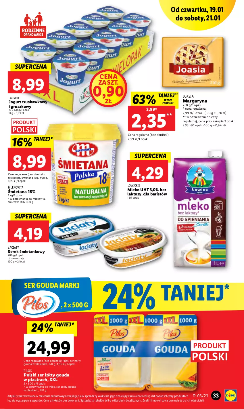 Gazetka promocyjna Lidl - GAZETKA - ważna 19.01 do 21.01.2023 - strona 37 - produkty: Fa, Gouda, Jogurt, Margaryna, Mleko, Mlekovita, Pilos, Por, Ser, Serek