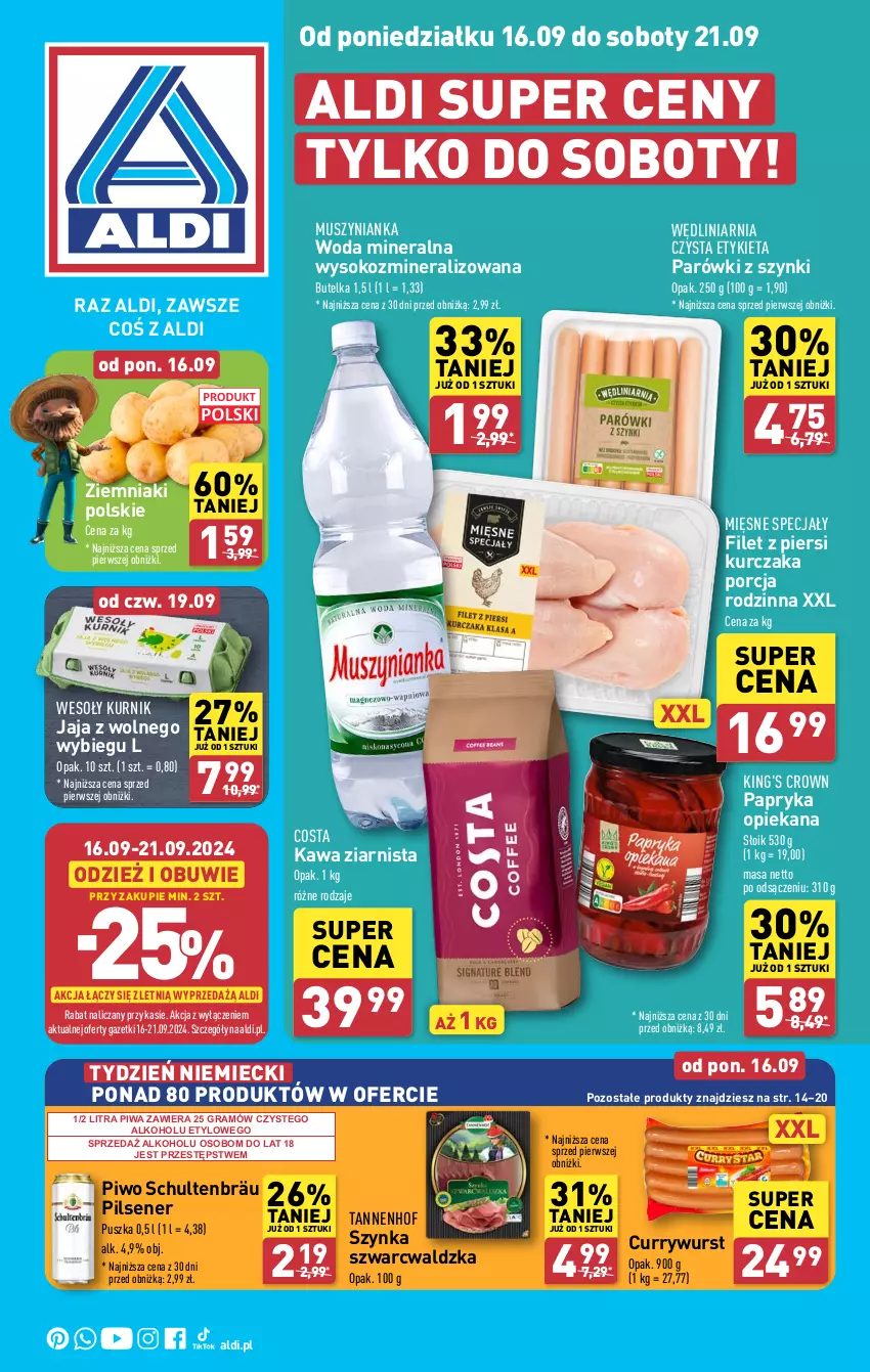 Gazetka promocyjna Aldi - Pełna oferta - ważna 16.09 do 21.09.2024 - strona 1 - produkty: Filet z piersi kurczaka, Gra, Jaja, Kawa, Kawa ziarnista, Kurczak, Mięsne specjały, Mus, Muszynianka, Obuwie, Papryka, Parówki, Parówki z szynki, Piwa, Piwo, Por, Sok, Szynka, Woda, Woda mineralna, Ziemniaki