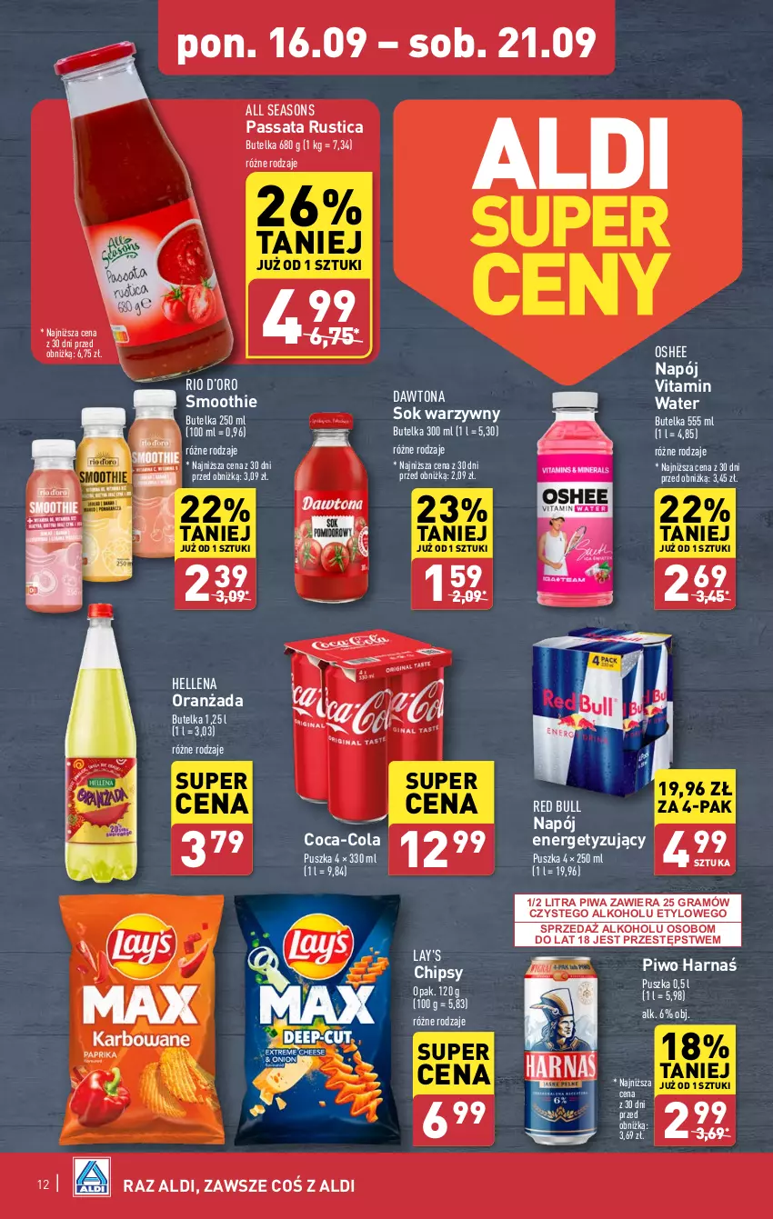 Gazetka promocyjna Aldi - Pełna oferta - ważna 16.09 do 21.09.2024 - strona 12 - produkty: All Seasons, Chipsy, Coca-Cola, Dawtona, Gra, Harnaś, Hellena, Napój, Oranżada, Oshee, Piwa, Piwo, Red Bull, Rust, Smoothie, Sok