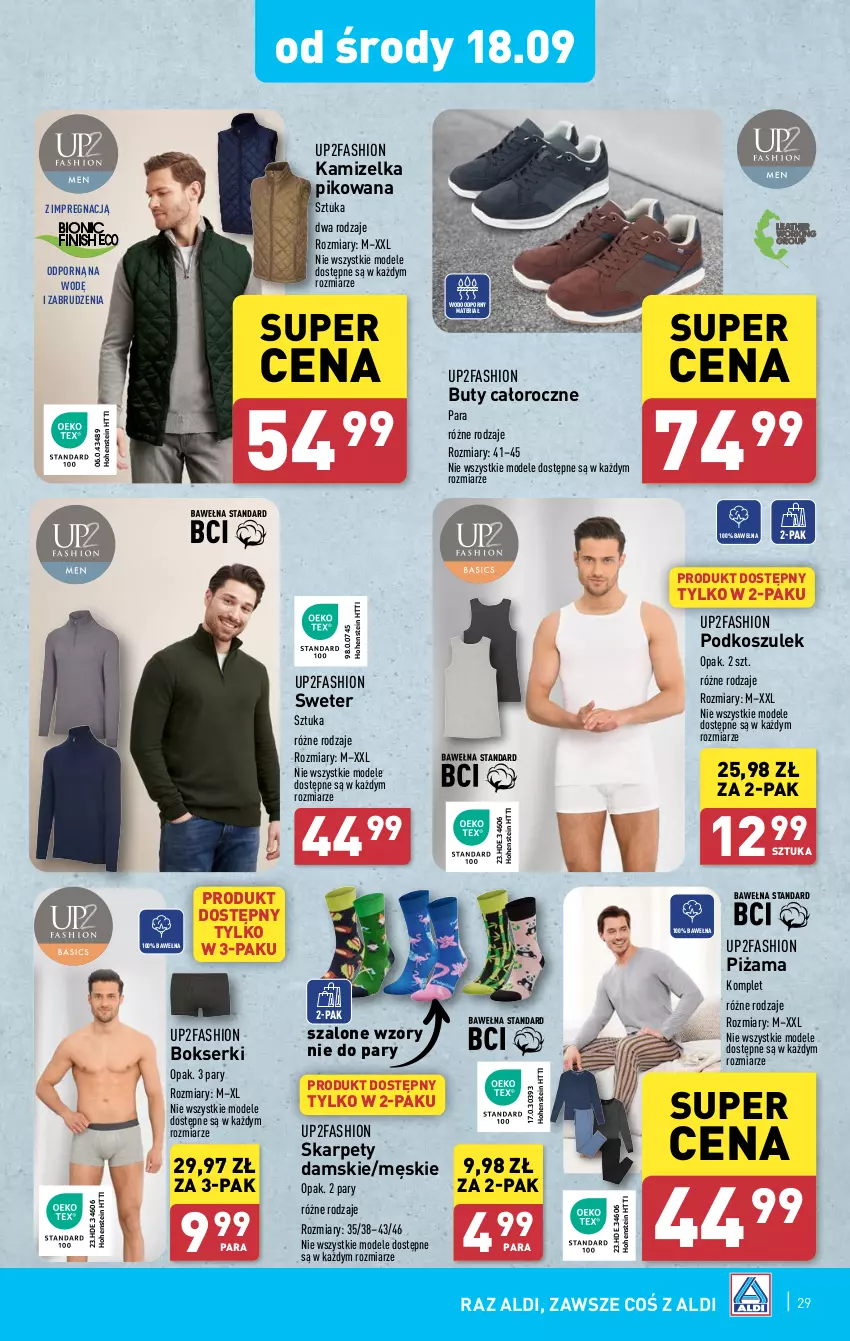 Gazetka promocyjna Aldi - Pełna oferta - ważna 16.09 do 21.09.2024 - strona 29 - produkty: Bokserki, Buty, Fa, Kamizelka, Karp, Kosz, Piżama, Podkoszulek, Por, Ser, Sweter, Szal, Wełna