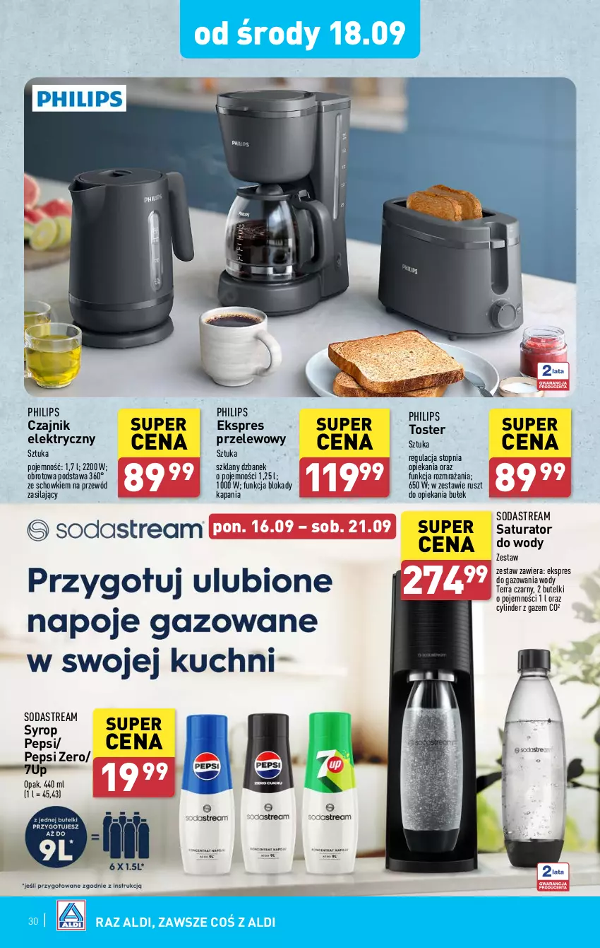 Gazetka promocyjna Aldi - Pełna oferta - ważna 16.09 do 21.09.2024 - strona 30 - produkty: 7up, Czajnik, Czajnik elektryczny, Dzbanek, Ekspres przelewowy, Pepsi, Philips, Przewód, Syrop, Top, Toster