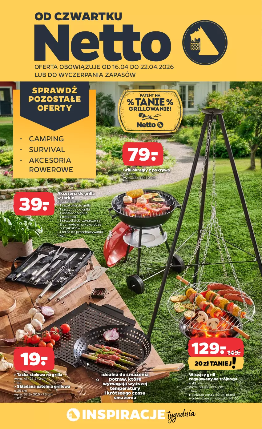 Gazetka promocyjna Netto - Od Czwartku - ważna 16.04 do 22.04.2026 - strona 1 - produkty: Grill, Patelnia, Patelnia grillowa, Rower, Szczotka, Szczypce, Szpatułka, Torba, Widelec