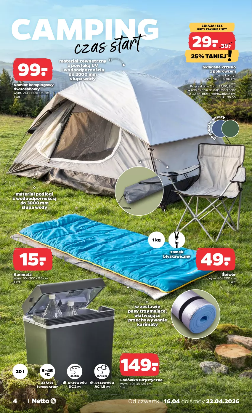Gazetka promocyjna Netto - Od Czwartku - ważna 16.04 do 22.04.2026 - strona 4 - produkty: Karimata, Krzesło, Lodówka, Namiot, Por