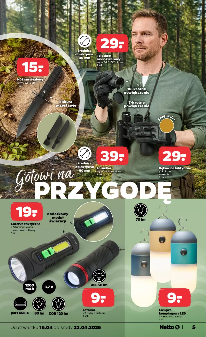 Gazetka promocyjna Netto - Od Czwartku - ważna 16.04 do 22.04.2026 - strona 5 - produkty: Akumulator, Latarka, Lornetka, Obiektyw, Por, Rękawice, Tarka, Teleskop
