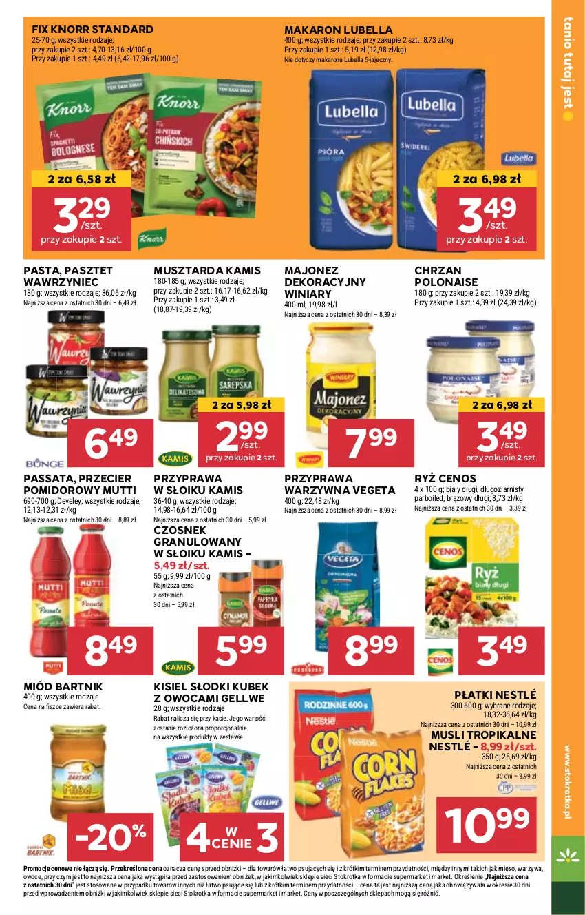 Gazetka promocyjna Stokrotka - Supermarket - ważna 29.08 do 04.09.2024 - strona 21 - produkty: Bell, Bella, Cenos, Chrzan, Czosnek, Czosnek granulowany, Gra, Kamis, Kisiel, Knorr, Kubek, Lubella, Majonez, Makaron, Miód, Mus, Musztarda, Nestlé, Owoce, Pasztet, Por, Ryż, Vegeta, Warzywa, Winiary