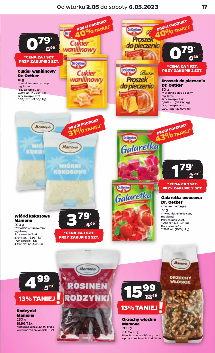 Gazetka promocyjna Netto - Artykuły spożywcze - ważna 02.05 do 06.05.2023 - strona 17 - produkty: Cukier, Cukier wanilinowy, Dr. Oetker, Gala, Galaretka, Kokos, Orzechy włoskie, Piec, Proszek do pieczenia, Rodzynki, Wiórki kokosowe