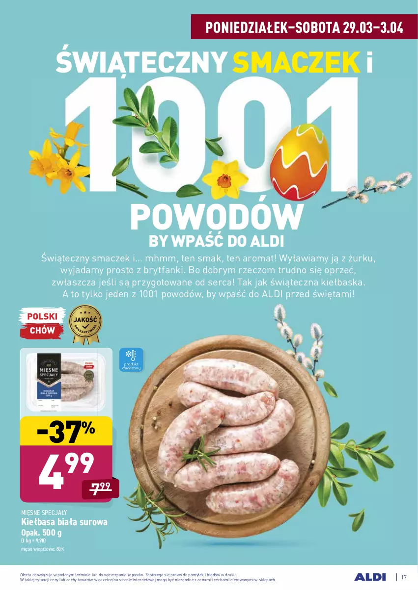 Gazetka promocyjna Aldi - ALE! CENA od Poniedziałku - ważna 29.03 do 03.04.2021 - strona 17 - produkty: Fa, Kiełbasa, Kiełbasa biała, Mięsne specjały, Mięso, Mięso wieprzowe, Ser