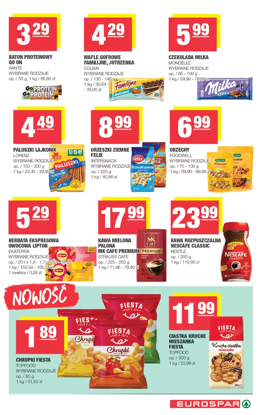 Gazetka promocyjna Spar - EuroSpar - ważna 01.06 do 11.06.2025 - strona 13 - produkty: Baton, Czekolada, Fa, Felix, Herbata, Jutrzenka, Kawa, Kawa mielona, Kawa rozpuszczalna, Lajkonik, Lipton, Lorenz, Milka, Orzeszki, Orzeszki ziemne, Sante, Torebka, Wafle