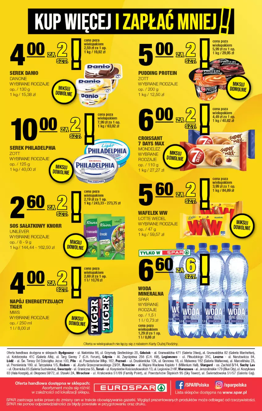 Gazetka promocyjna Spar - EuroSpar - ważna 01.06 do 11.06.2025 - strona 16 - produkty: 7 Days, Danio, Danone, Gin, Knorr, Napój, Philadelphia, Pudding, Sałat, Ser, Serek, Tiger, Wafelek, Woda, Woda mineralna, Zott