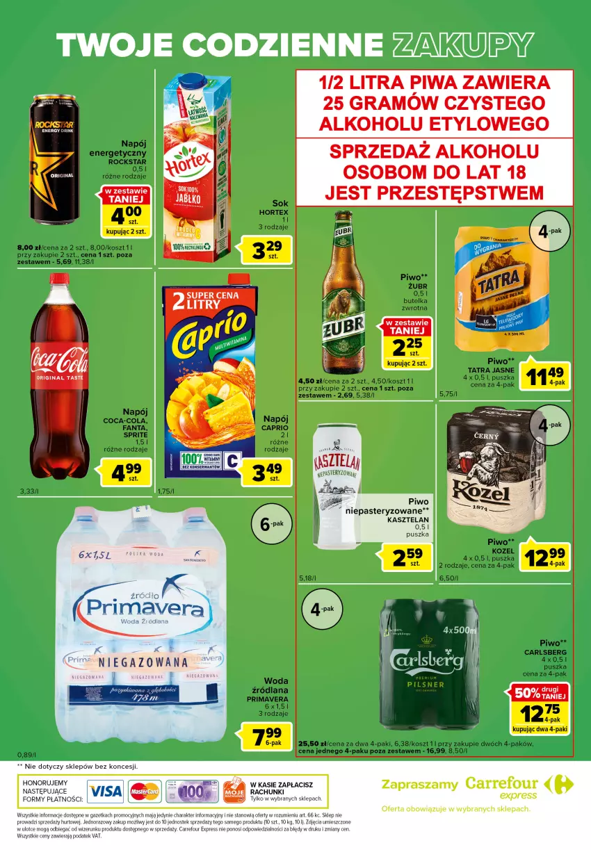 Gazetka promocyjna Carrefour - Gazetka Express - ważna 01.03 do 07.03.2022 - strona 6 - produkty: Carlsberg, Coca-Cola, Fa, Fanta, Gin, Gra, Hortex, Kasztelan, Kosz, Kozel, LANA, Napój, Napój energetyczny, Piwa, Piwo, Prima, Primavera, Sok, Sos, Sprite, Stek, Tatra, Woda