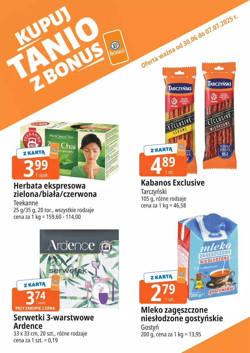 Gazetka promocyjna E Leclerc - ważna 30.06 do 07.07.2025 - strona 6 - produkty: Herbata, Kabanos, Mleko, Mleko zagęszczone, Ser, Serwetki, Tarczyński, Teekanne