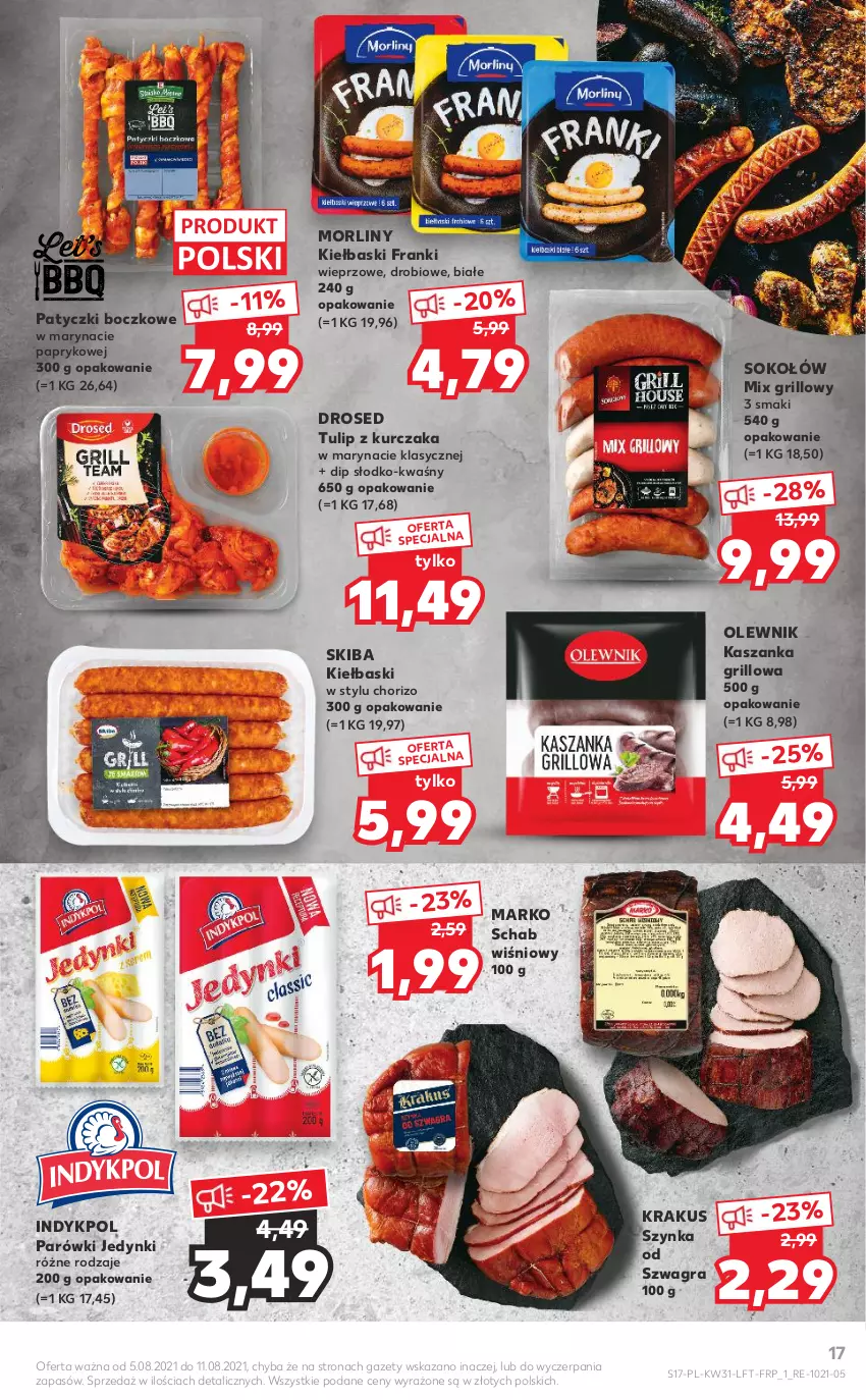 Gazetka promocyjna Kaufland - OFERTA TYGODNIA - ważna 05.08 do 11.08.2021 - strona 17 - produkty: Gra, Grill, Kasza, Kaszanka, Krakus, Kurczak, Morliny, Olewnik, Parówki, Sok, Sokołów, Szynka