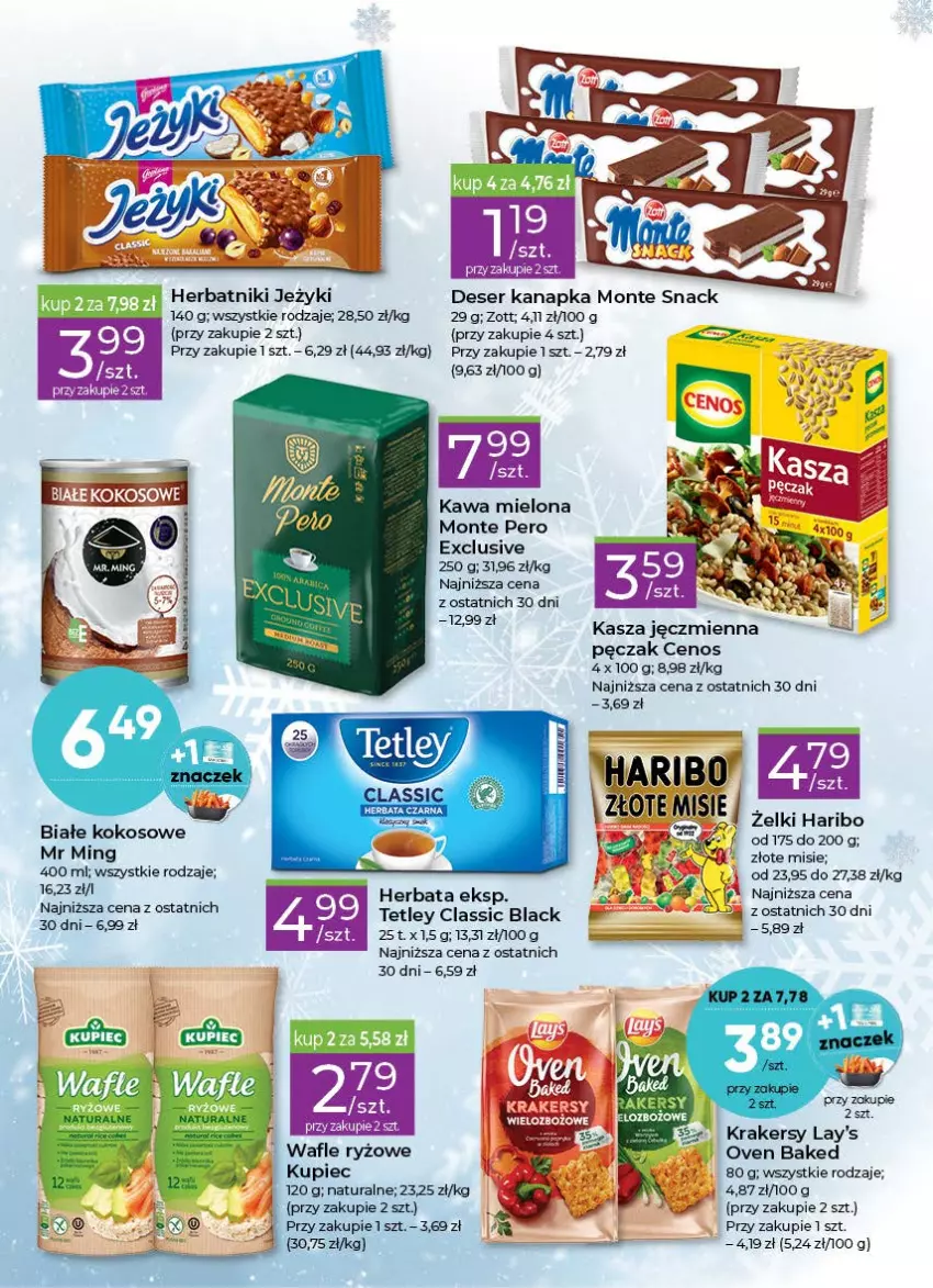 Gazetka promocyjna Stokrotka - Stokrotka Express - ważna 12.01 do 18.01.2023 - strona 3 - produkty: Cenos, Deser, Haribo, Herbata, Herbatniki, Jeżyki, Kasza, Kasza jęczmienna, Kawa, Kawa mielona, Kokos, Krakersy, Kupiec, Lack, Monte, Piec, Ryż, Ser, Tetley, Wafle, Zott