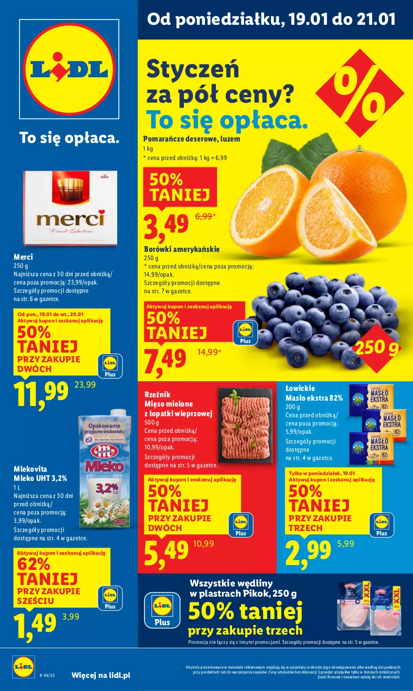 Gazetka promocyjna Lidl - GAZETKA - ważna 19.01 do 21.01.2026 - strona 1 - produkty: Deser, Masło, Merci, Mięso, Mięso mielone, Mięso mielone z łopatki wieprzowej, Mleko, Mlekovita, PIKOK, Pomarańcze, Ser