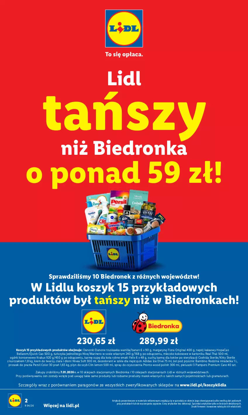 Gazetka promocyjna Lidl - GAZETKA - ważna 19.01 do 21.01.2026 - strona 2 - produkty: Adidas, Bell, Bella, Clin, Danone, Danonki, Dezodorant, Felix, Flora, Gin, Gra, Kakao, Kokos, Kosz, Krakus, Krem do twarzy, Kurczak, Mleczko, Napój, Nivea, Ogórki konserwowe, Pampers, Persil, Płyn do szyb, Por, Pronto, Proszek do prania, Rama, Ser, Sos, Spray do czyszczenia, Tonik, Tuńczyk