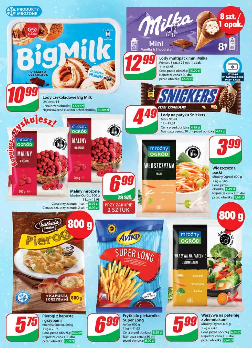 Gazetka promocyjna Dino - Gazetka 50 - ważna 13.12 do 19.12.2023 - strona 12 - produkty: Big Milk, Kapustą, Kuchnia, Lody, Maliny, Mars, Milka, Ogród, Pierogi, Produkty mrożone, Ser, Snickers, Warzywa