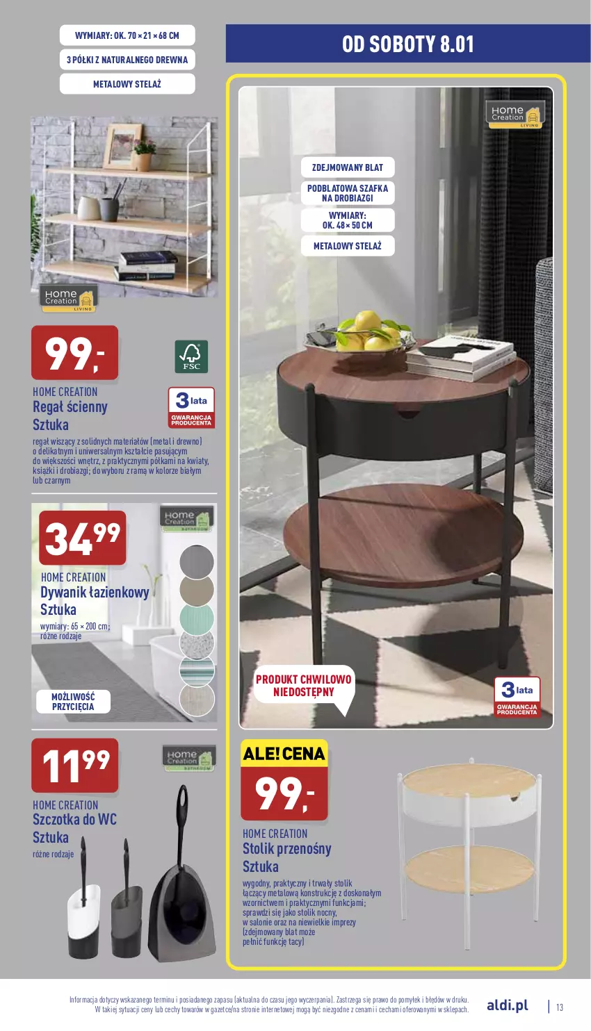 Gazetka promocyjna Aldi - Katalog Moda i Dom - ważna 05.01 do 08.01.2022 - strona 13 - produkty: Dywan, Dywanik, Dywanik łazienkowy, Półka, Regał, Stolik, Stolik nocny, Szafka, Szczotka, Szczotka do WC