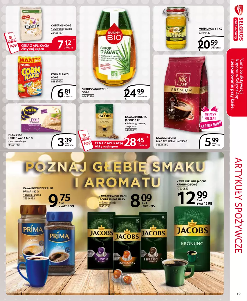 Gazetka promocyjna Selgros - Extra Oferta - ważna 01.05 do 31.05.2021 - strona 19 - produkty: Artykuły spożywcze, Cheerios, Corn flakes, Jacobs, Jacobs Krönung, Kawa, Kawa mielona, Kawa rozpuszczalna, Kawa ziarnista, LG, Miód, Piec, Pieczywo, Prima, Syrop, Wasa