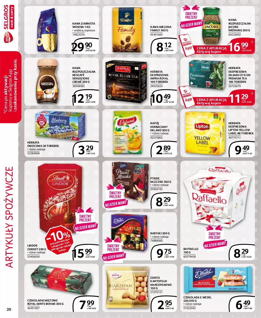 Gazetka promocyjna Selgros - Extra Oferta - ważna 01.05 do 31.05.2021 - strona 20 - produkty: Artykuły spożywcze, Baryłki, BIC, Czekolada, Dilmah, Fa, Herbata, Herbata owocowa, Jacobs, Jacobs Krönung, Kartofelki marcepanowe, Kawa, Kawa mielona, Kawa rozpuszczalna, Kawa ziarnista, LG, Lindor, Lipton, Mleczko, Napój, Nescafé, Ptasie mleczko, Raffaello, Woseba