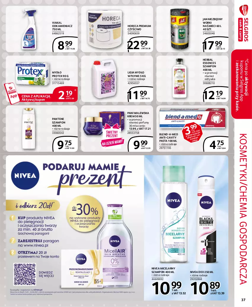 Gazetka promocyjna Selgros - Extra Oferta - ważna 01.05 do 31.05.2021 - strona 37 - produkty: Blend-a-Med, Jan Niezbędny, LG, Mydło, Mydło w płynie, Nivea, Odkamieniacz, Odżywka, Pantene, Perfum, Szampon, Worki na śmiec, Worki na śmieci