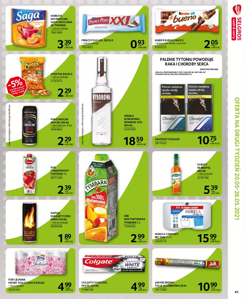 Gazetka promocyjna Selgros - Extra Oferta - ważna 01.05 do 31.05.2021 - strona 43 - produkty: Cheetos, Colgate, Davidoff, Fa, Folia aluminiowa, Fortuna, Foxy, Herbapol, Herbata, Jan Niezbędny, Kinder, Kinder Bueno, Koc, LG, Napoje, Okocim, Papier, Papier toaletowy, Piwo, Prince Polo, Ręcznik, Saga, Ser, Sok, Sok pomidorowy, Syrop, Syropy, Tymbark, Wódka, Wyborowa