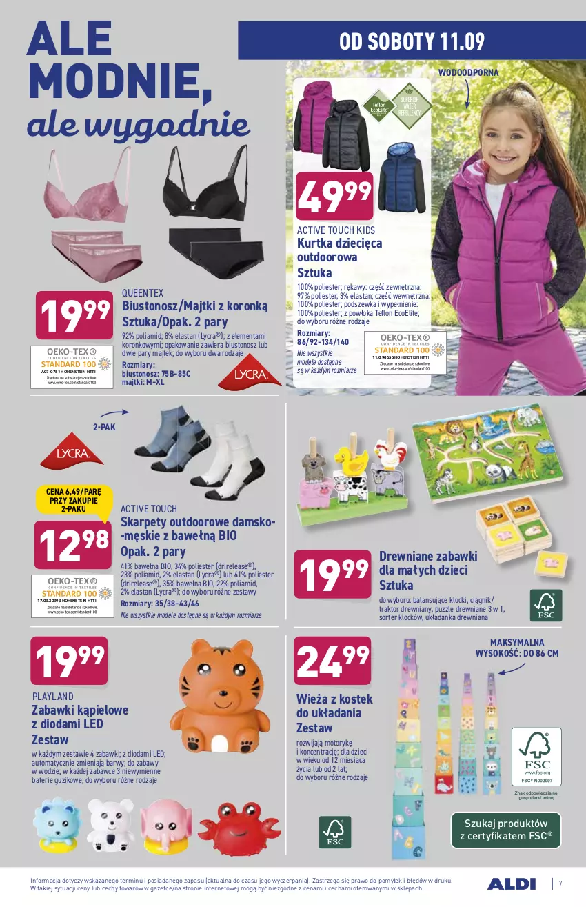 Gazetka promocyjna Aldi - OKAZJE DLA CIEBIE I DOMU - ważna 08.09 do 11.09.2021 - strona 7 - produkty: Biustonosz, Dzieci, Karp, Klocki, Kurtka, Kurtka dziecięca, Majtki, Por, Puzzle, Queentex, Sok, Stek, Traktor, Układanka, Wełna