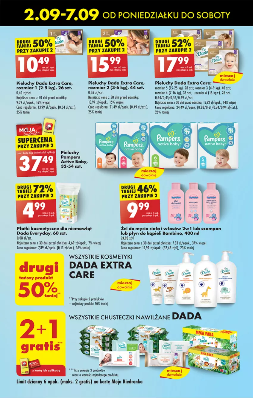 Gazetka promocyjna Biedronka - Od Poniedziałku - ważna 02.09 do 07.09.2024 - strona 59 - produkty: Dada, Gra, Pampers, Pieluchy, Płatki kosmetyczne, Płyn do kąpieli, Szampon