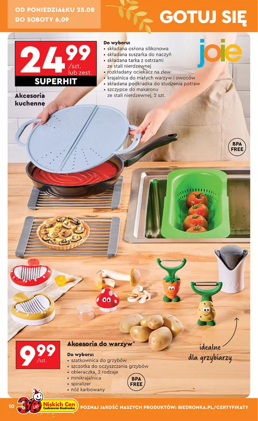 Gazetka promocyjna Biedronka - Okazje Tygodnia - ważna 25.08 do 06.09.2025 - strona 14 - produkty: Makaron, Obieraczka, Ociekacz, Podkład, Podkładka, Suszarka, Suszarka do naczyń, Szatkownica, Szczotka, Szczypce, Tarka, Zlew