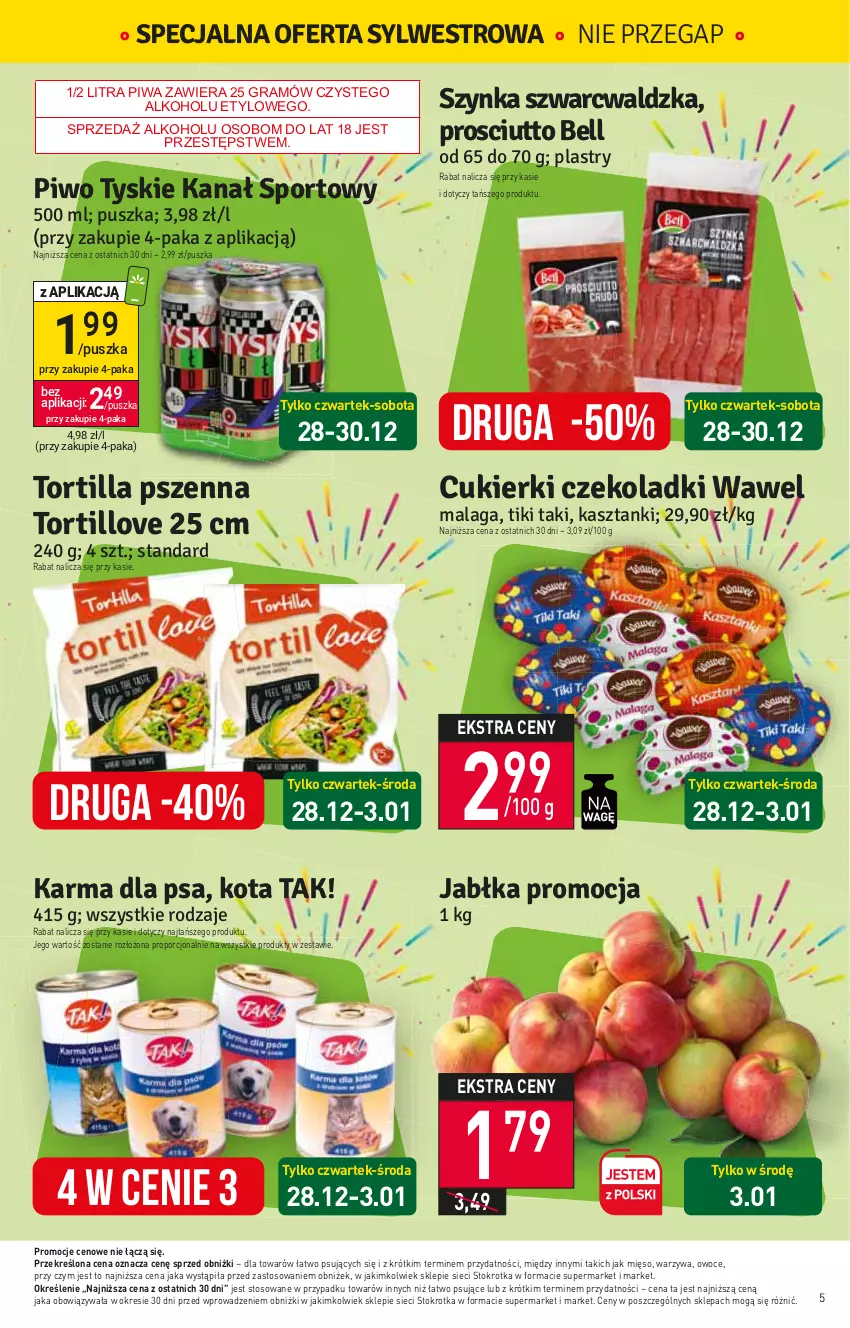 Gazetka promocyjna Stokrotka - Market - ważna 28.12.2023 do 03.01.2024 - strona 5 - produkty: Bell, Cukier, Cukierki, Gra, Mięso, Owoce, Piwa, Por, Prosciutto, Szynka, Tortilla, Warzywa, Wawel