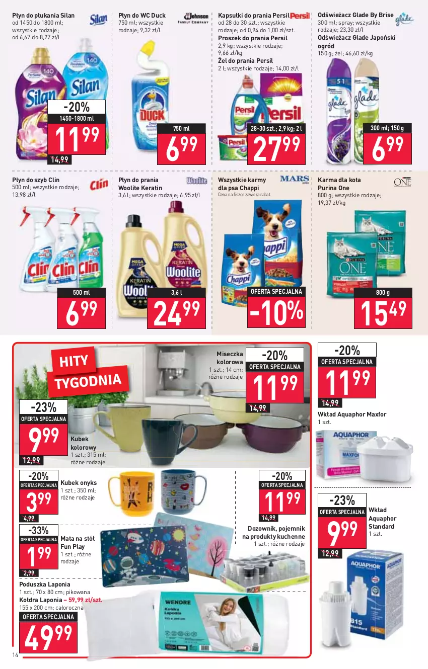 Gazetka promocyjna Stokrotka - Supermarket - ważna 18.08 do 24.08.2022 - strona 14 - produkty: Aquaphor, Chappi, Clin, Dozownik, Duck, Kapsułki do prania, Kołdra, Kubek, Miseczka, Ogród, Persil, Płyn do płukania, Płyn do prania, Płyn do szyb, Płyn do wc, Poduszka, Pojemnik, Proszek do prania, Pur, Purina, Silan, Stół, Woolite