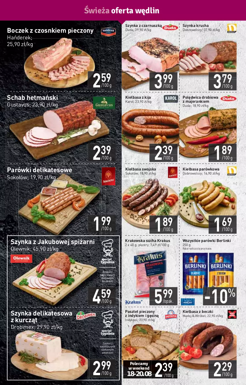 Gazetka promocyjna Stokrotka - Supermarket - ważna 18.08 do 24.08.2022 - strona 4 - produkty: Berlinki, Boczek, Drobimex, Duda, HP, Kiełbasa, Krakus, Olewnik, Parówki, Pasztet, Piec, Polędwica, Sok, Sokołów, Szynka, Szynka delikatesowa