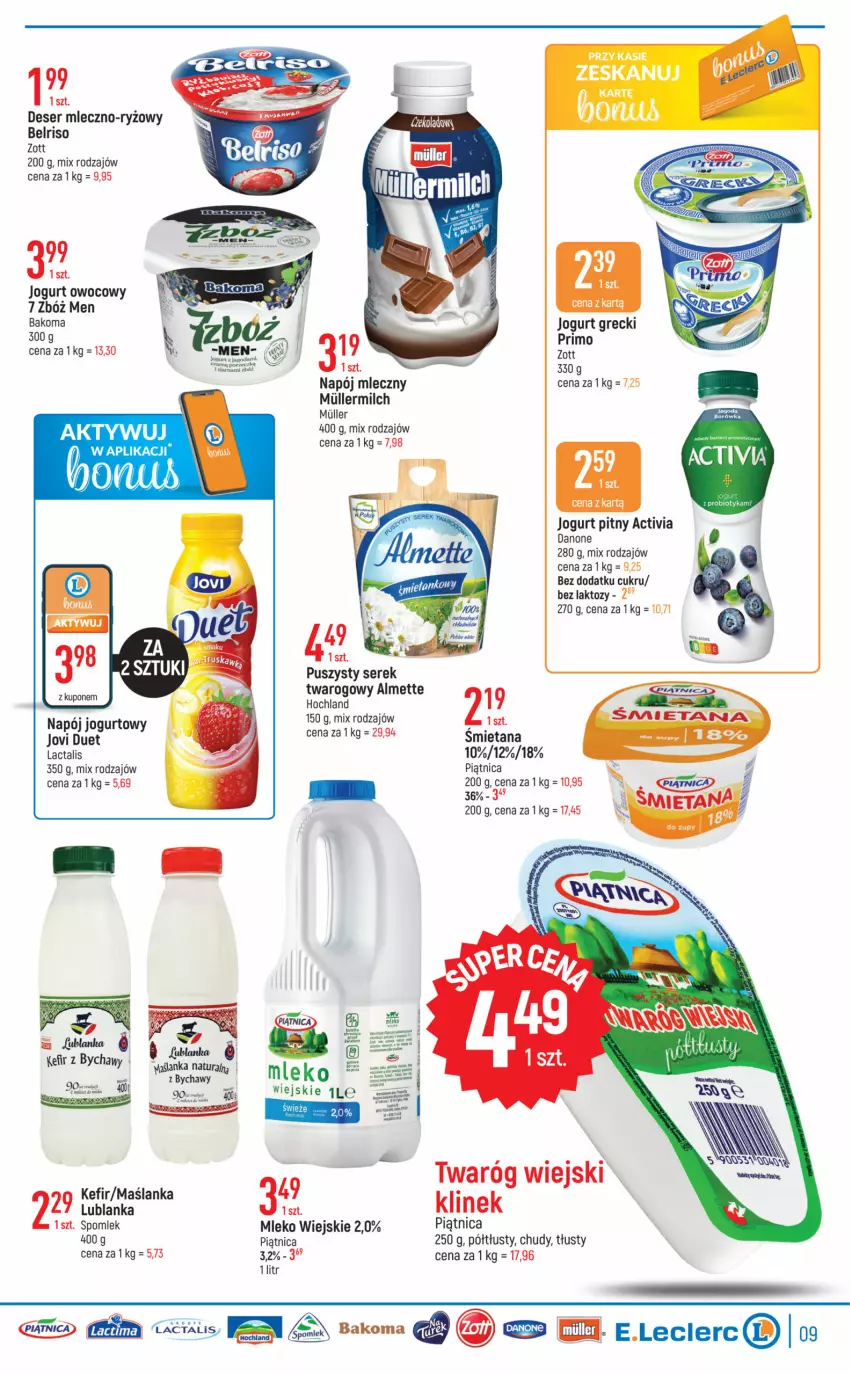 Gazetka promocyjna E Leclerc - ważna 25.07 do 05.08.2023 - strona 9 - produkty: Activia, Bakoma, Belriso, Danone, Deser, Jogurt, Jogurt owocowy, Jogurt pitny, Kefir, Maślanka, Mleko, Napój, Napój jogurtowy, Piątnica, Ryż, Ser, Serek, Twaróg, Zott