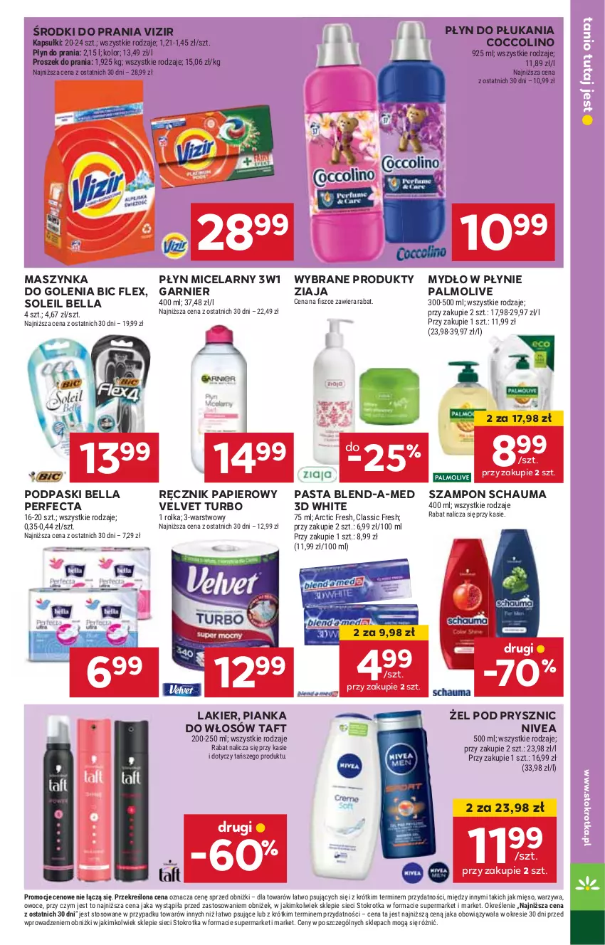 Gazetka promocyjna Stokrotka - Supermarket - ważna 30.10 do 06.11.2024 - strona 29 - produkty: Bell, Bella, BIC, Blend-a-Med, Coccolino, Garnier, HP, Lakier, Maszynka, Mydło, Mydło w płynie, Nivea, Palmolive, Papier, Perfecta, Pianka do włosów, Płyn do płukania, Płyn micelarny, Podpaski, Ręcznik, Schauma, Szampon, Szynka, Taft, Velvet, Vizir, Ziaja