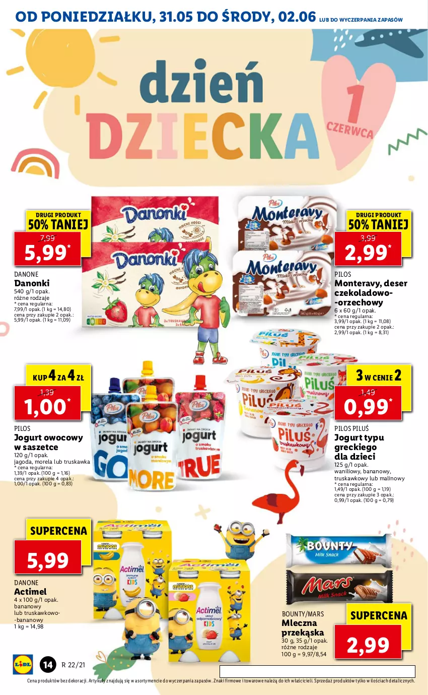 Gazetka promocyjna Lidl - GAZETKA - ważna 31.05 do 02.06.2021 - strona 14 - produkty: Actimel, Bounty, Danone, Danonki, Deser, Dzieci, Jogurt, Jogurt owocowy, Mars, Monte, Morela, Pilos, Ser, Tera