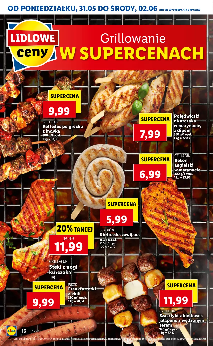 Gazetka promocyjna Lidl - GAZETKA - ważna 31.05 do 02.06.2021 - strona 16 - produkty: Beko, Frankfurterki, Grill, Kurczak, PIKOK, Polędwiczki z kurczaka, Ser, Sok, Sokołów, Stek