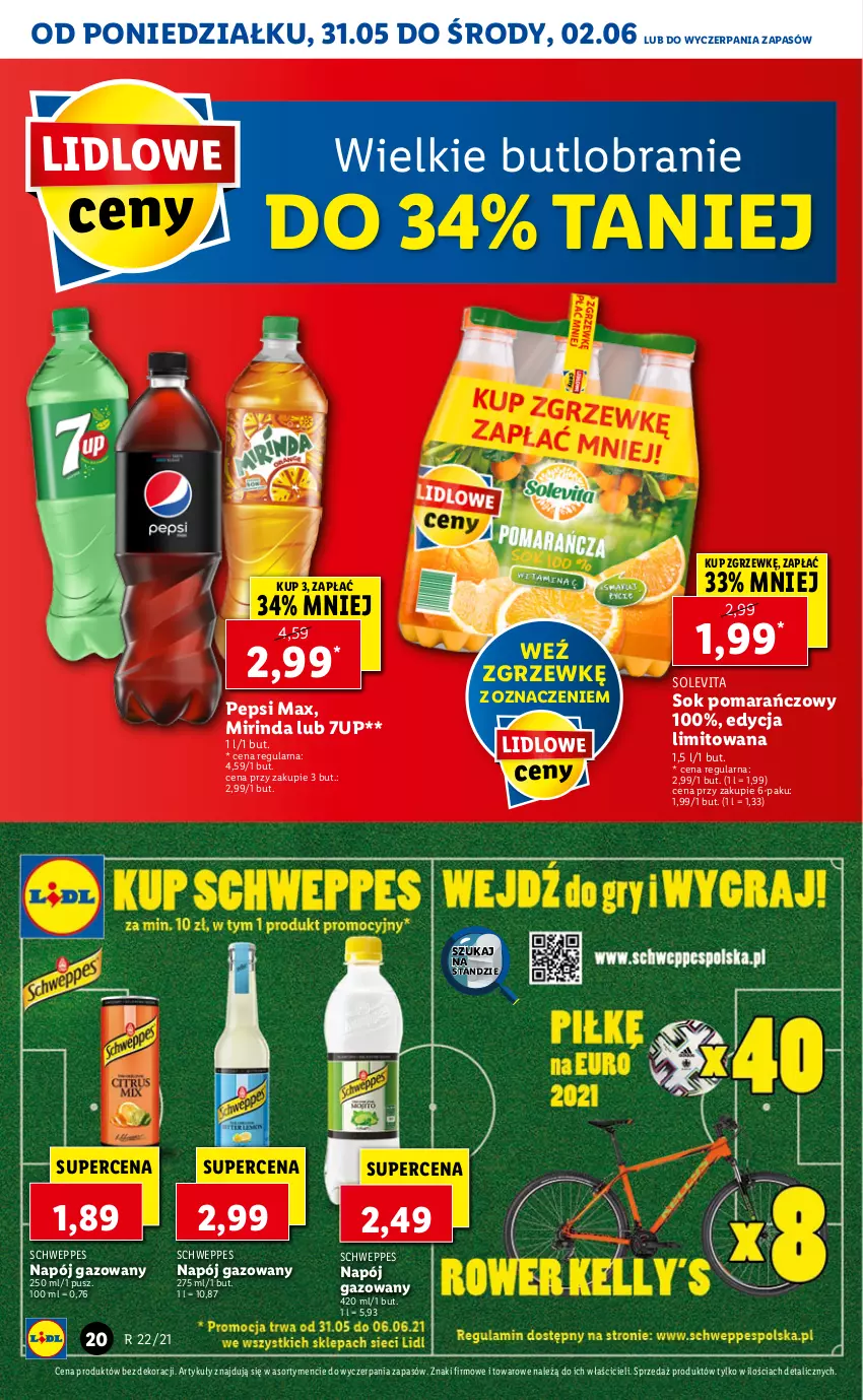 Gazetka promocyjna Lidl - GAZETKA - ważna 31.05 do 02.06.2021 - strona 20 - produkty: 7up, Mirinda, Napój, Napój gazowany, Pepsi, Pepsi max, Schweppes, Sok, Sok pomarańczowy