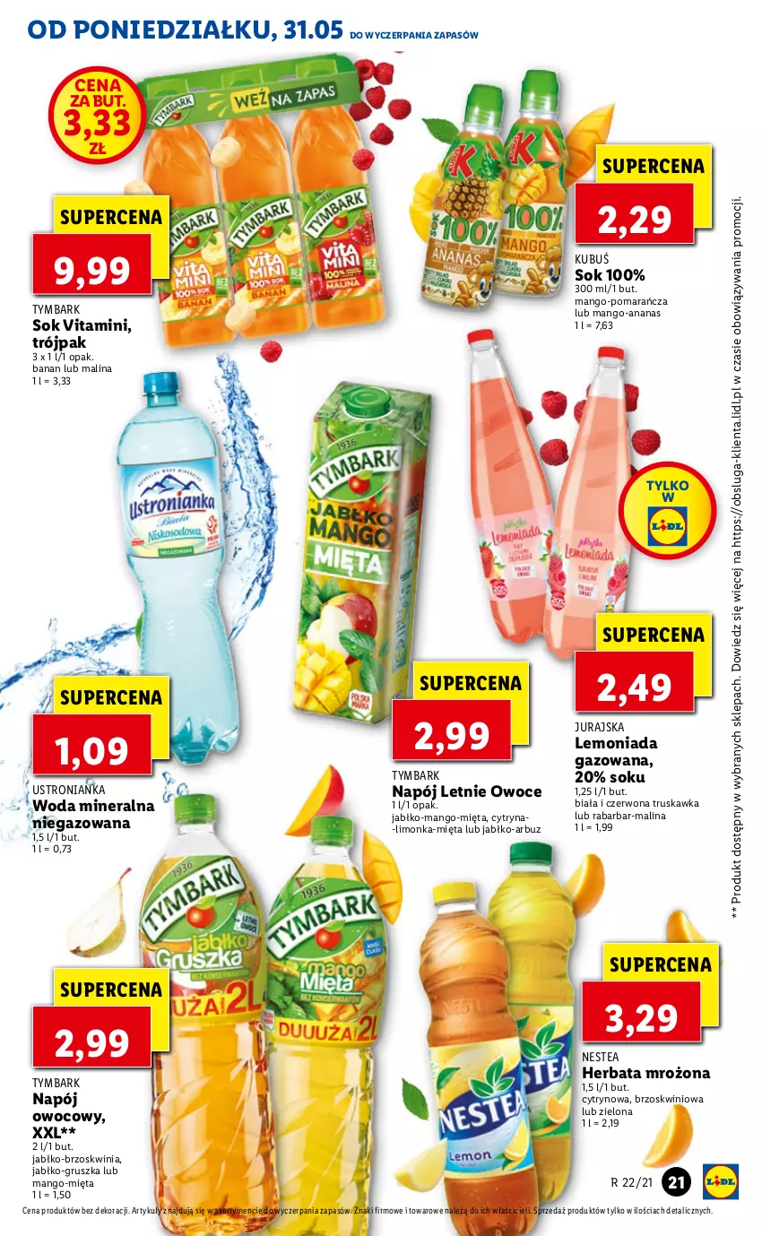 Gazetka promocyjna Lidl - GAZETKA - ważna 31.05 do 02.06.2021 - strona 21 - produkty: Ananas, Arbuz, Herbata, Kubuś, Lemoniada, Limonka, Mango, Mięta, Napój, Nestea, Owoce, Sok, Tymbark, Woda, Woda mineralna