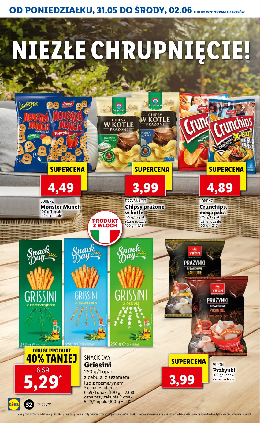 Gazetka promocyjna Lidl - GAZETKA - ważna 31.05 do 02.06.2021 - strona 52 - produkty: Chipsy, Crunchips, Grissini, Lorenz, Monster Munch, Przysnacki, Sezam