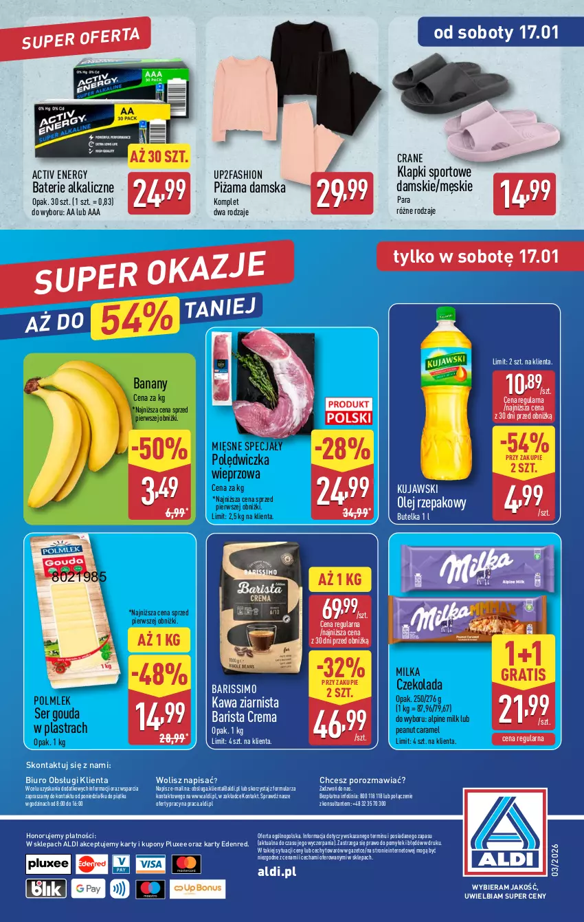 Gazetka promocyjna Aldi - Pełna oferta - ważna 12.11.2026 do 17.01.2027 - strona 32 - produkty: Banany, Baterie alkaliczne, Biuro, Czekolada, Fa, Gouda, Gra, Kawa, Kawa ziarnista, Klapki, Kujawski, Mięsne specjały, Milka, O nas, Olej, Olej rzepakowy, Piżama, Polędwiczka wieprzowa, POLMLEK, Por, Ser, Sport