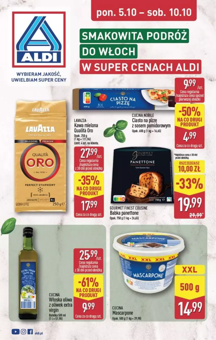Gazetka promocyjna Aldi - Smakowita podróż do Włoch - ważna 05.10 do 10.10.2026 - strona 1 - produkty: Babka, Feta, Gin, HP, Kawa, Kawa mielona, Lavazza, Mascarpone, Oliwa, Smakowita, Sos
