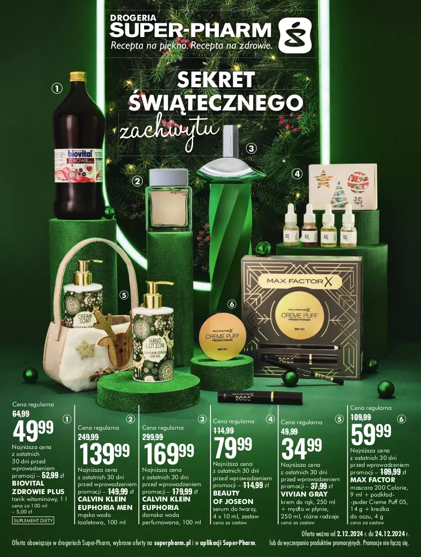 Gazetka promocyjna Super Pharm - ważna 02.12 do 24.12.2024 - strona 1 - produkty: Biovital, Calvin Klein, Fa, Gra, Kredka, Krem do rąk, Kret, Max Factor, Mydło, Mydło w płynie, Perfum, Podkład, Puder, Puf, Rum, Ser, Serum, Serum do twarzy, Suplement diety, Tonik, Woda, Woda perfumowana, Woda toaletowa, Zdrowie