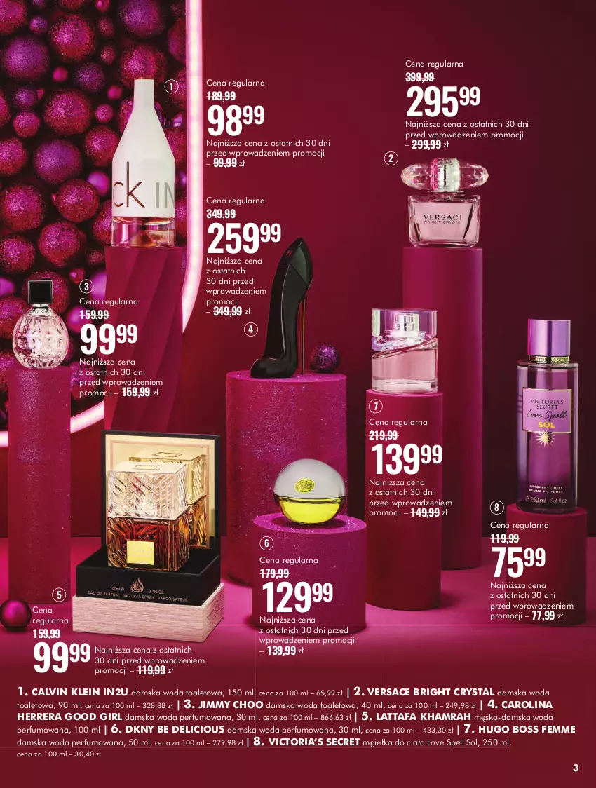 Gazetka promocyjna Super Pharm - ważna 02.12 do 24.12.2024 - strona 3 - produkty: Calvin Klein, Carolina Herrera, DKNY, Fa, Hugo Boss, Jimmy Choo, Perfum, Versace, Woda, Woda perfumowana, Woda toaletowa