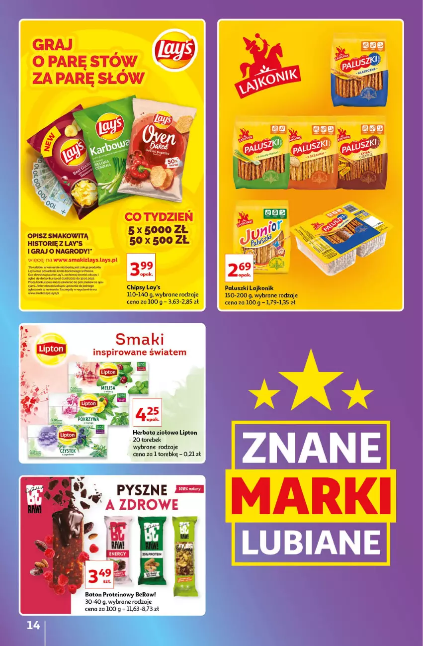 Gazetka promocyjna Auchan - Gazetka Znane Lubiane Marki Hipermarkety - ważna 08.09 do 14.09.2022 - strona 14 - produkty: Baton, Chipsy, Gra, Herbata, Lajkonik, Lipton