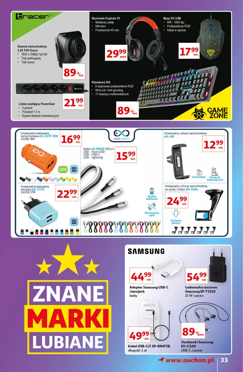 Gazetka promocyjna Auchan - Gazetka Znane Lubiane Marki Hipermarkety - ważna 08.09 do 14.09.2022 - strona 33 - produkty: Kabel USB, Kamera, Klawiatura, Listwa, Mysz, Przewód, Samsung, Słuchawki, Top, Warka